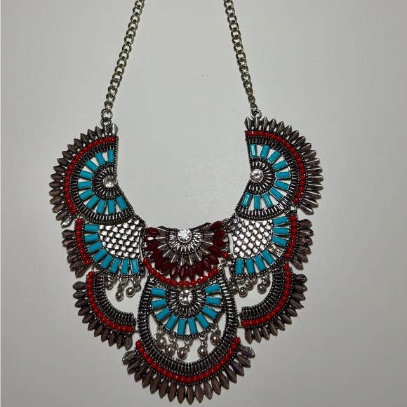 Statement Boho Tribal Bib Necklace – Turquoise & Red Beaded Silver-Tone - Picture 4 of 4